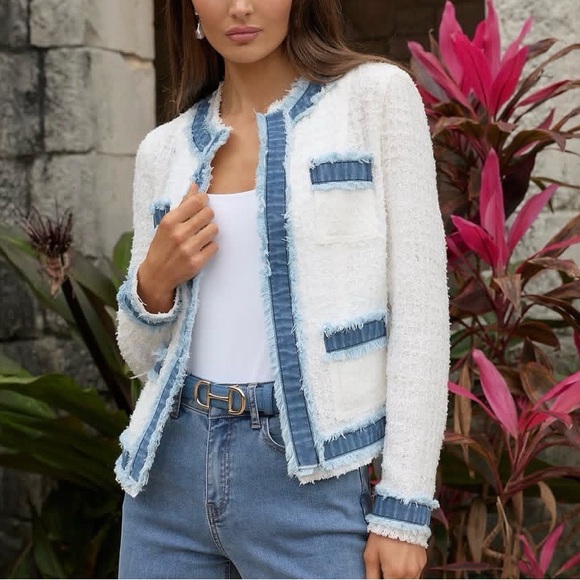 NEW NANETTE NANETTE LEPORE Frayed Tweed & Denim Jacket blazer - Picture 7 of 12